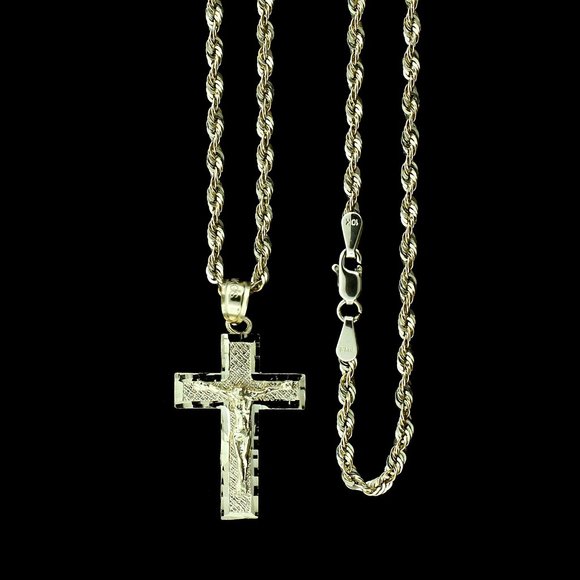 JewelzKing Accessories K Real Gold Rope Chain And Cross Pendant Set